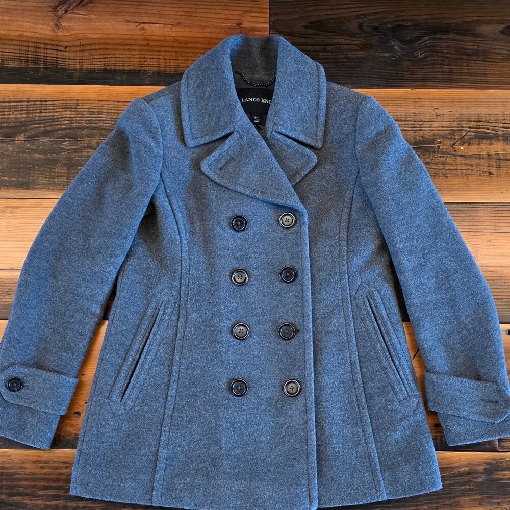 🧥 Lands’ End Women’s Double Breasted Grey Wool Blend Pea Coat – 6 Petite
